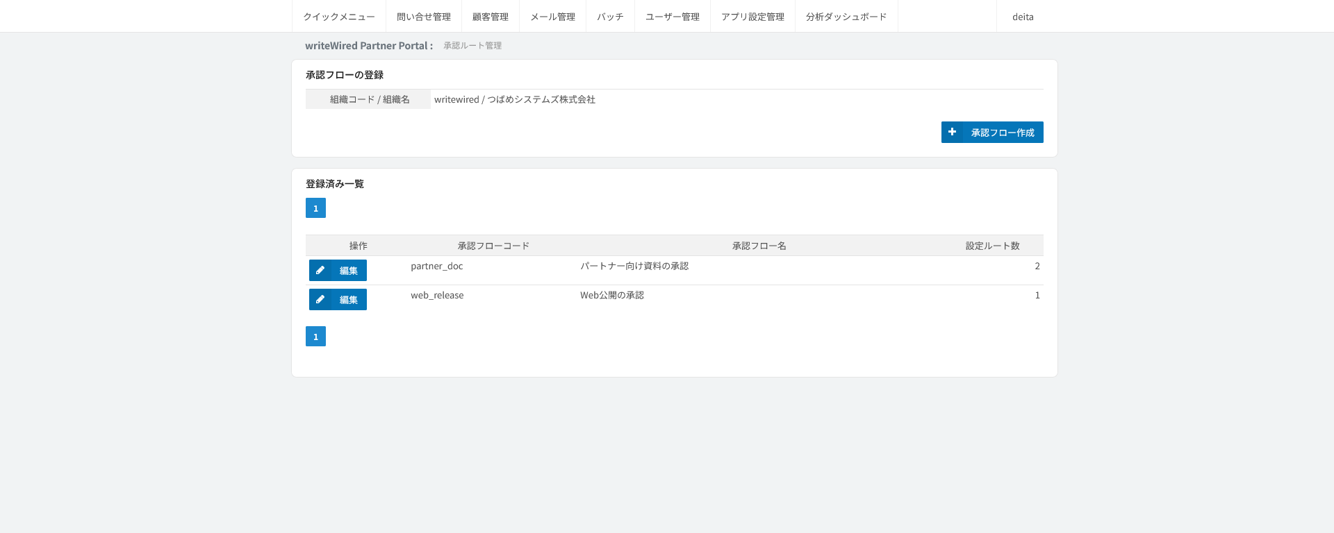 承認フローの設定。組織の登録済み承認フローがコード・名前・設定ルート数の一覧で並び、作成ボタンがある画面