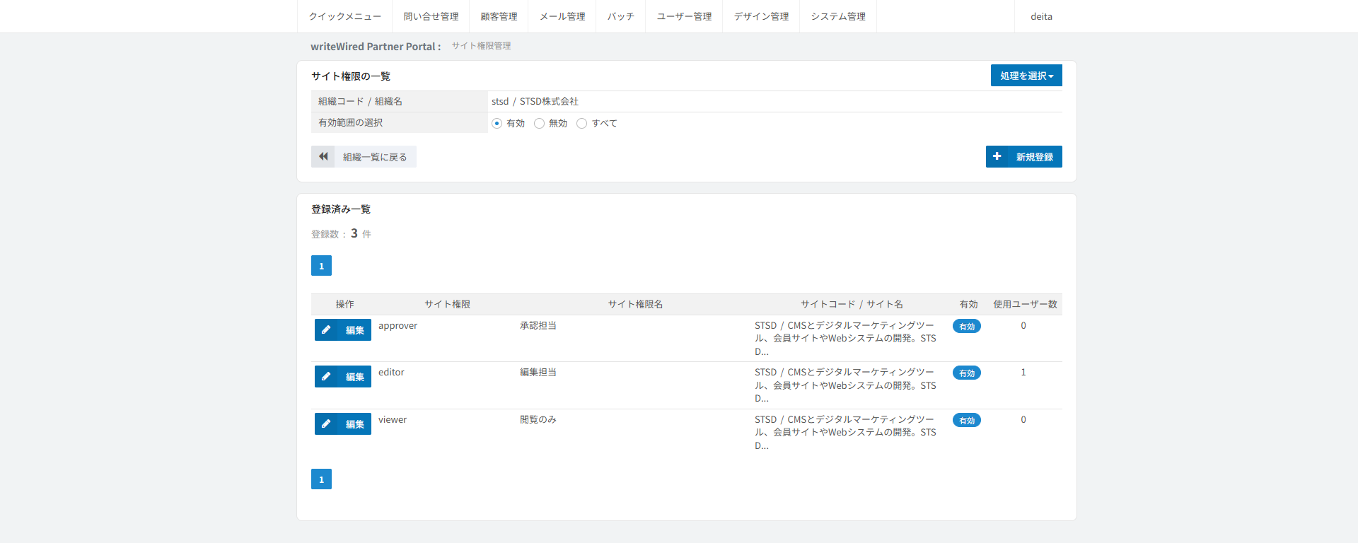 サイト権限の一覧。有効範囲の選択の下に、登録済みのサイト権限がサイト権限名・サイト名・有効・使用ユーザー数の行で並ぶ画面