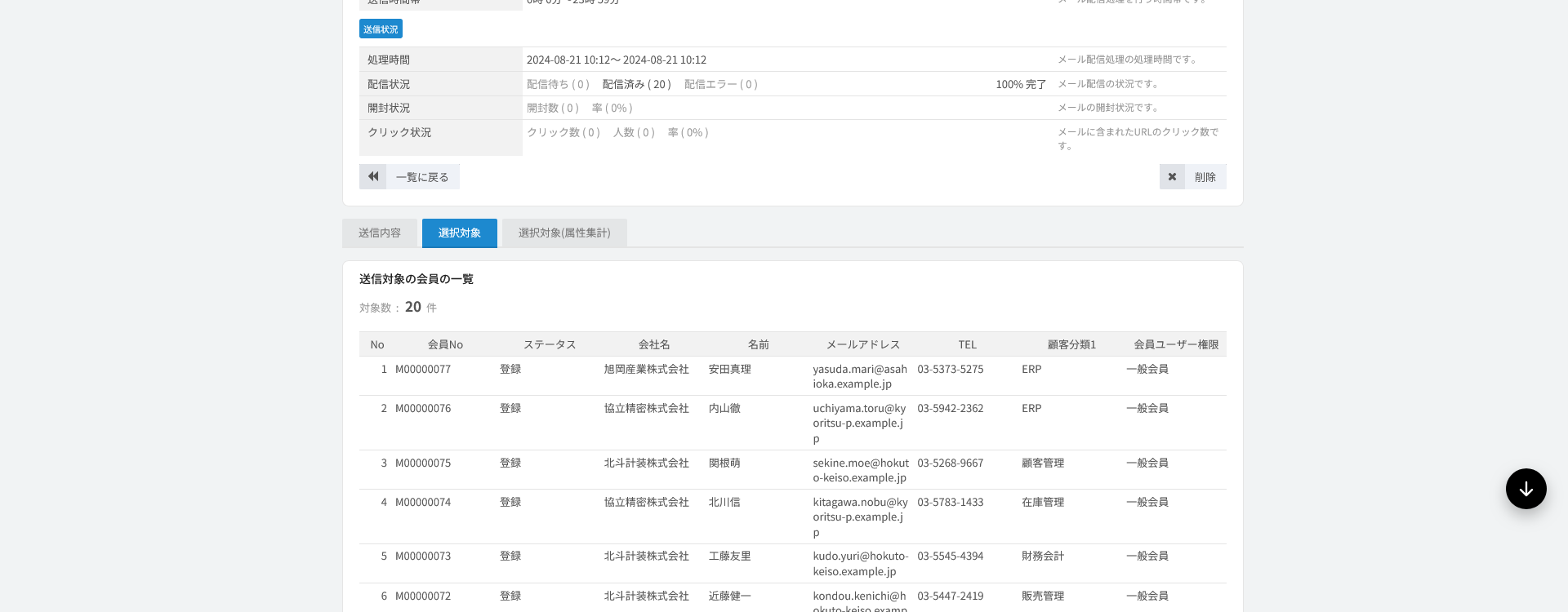 属性集計。送信対象の内訳グラフと配信状況を確認する