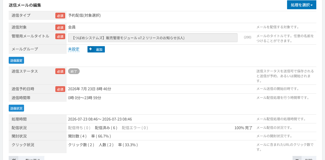 送信メールの管理画面。送信対象・予約日時と、配信・開封・クリックの状況